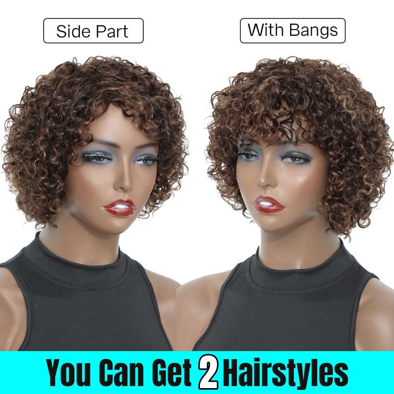 UDU Short Curly Human Hair Wigs For Black Women with Bangs Highlighted Brown Mixed Color Non Lace Glueless Piano Colored Side Part (P 4/30) - Image 3